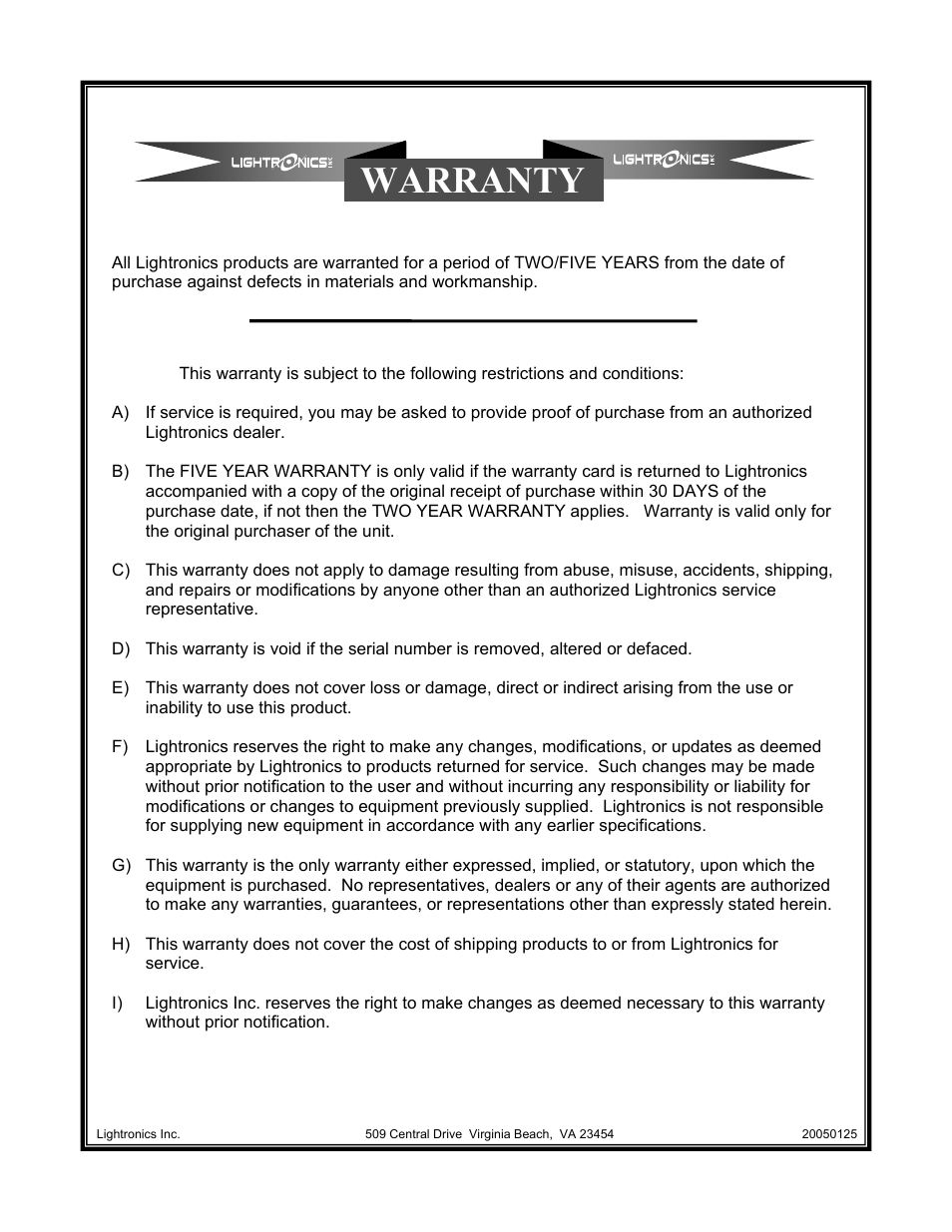 Warranty | Lightronics RA122 User Manual | Page 19 / 20