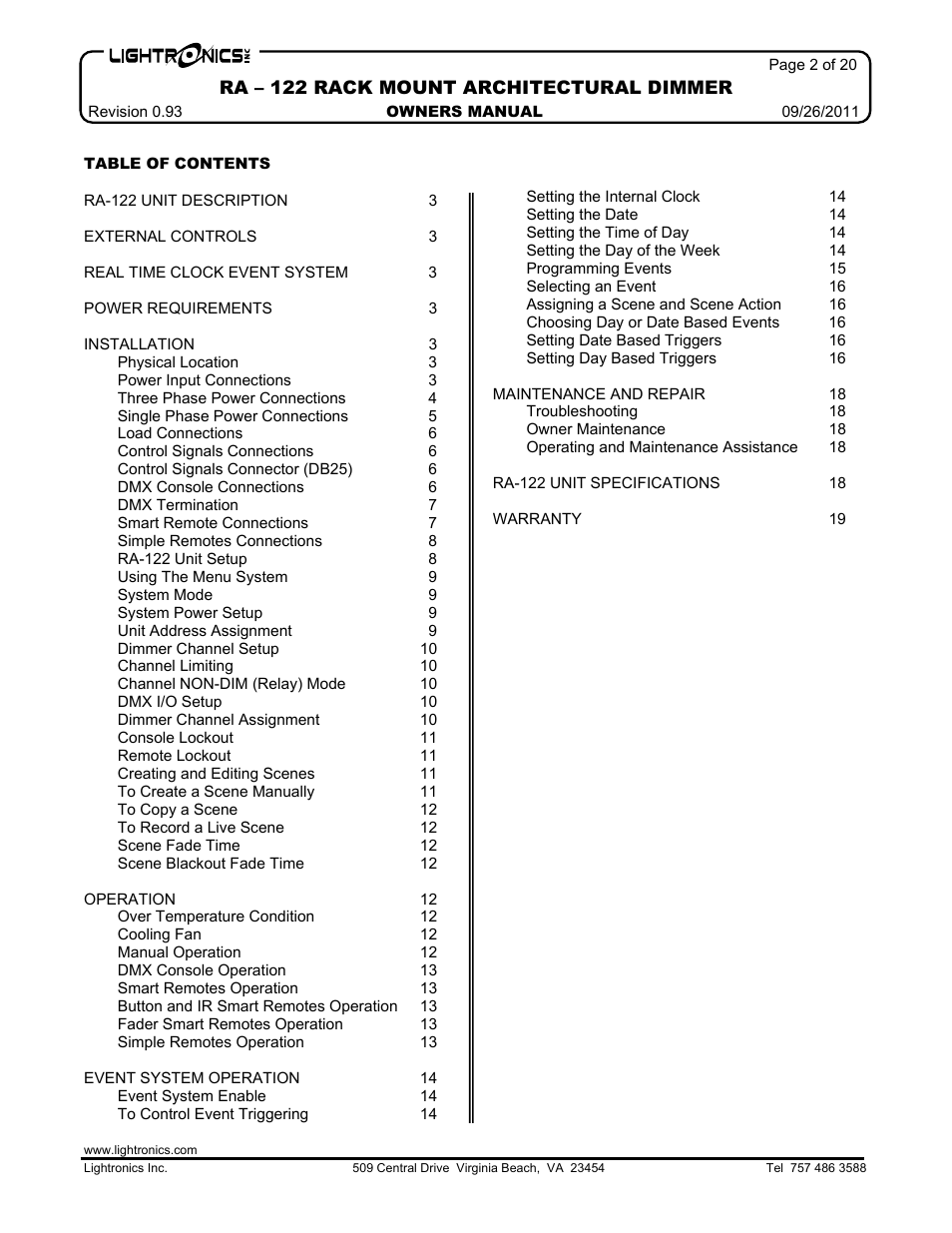 Lightronics RA122 User Manual | Page 2 / 20