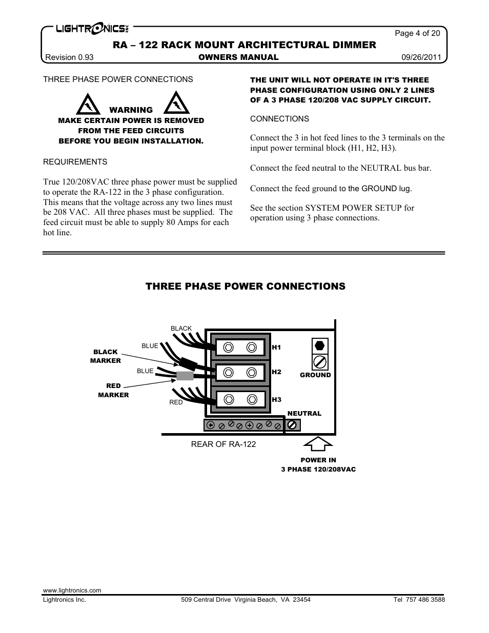 Ra – 122 rack mount architectural dimmer, Three phase power connections | Lightronics RA122 User Manual | Page 4 / 20