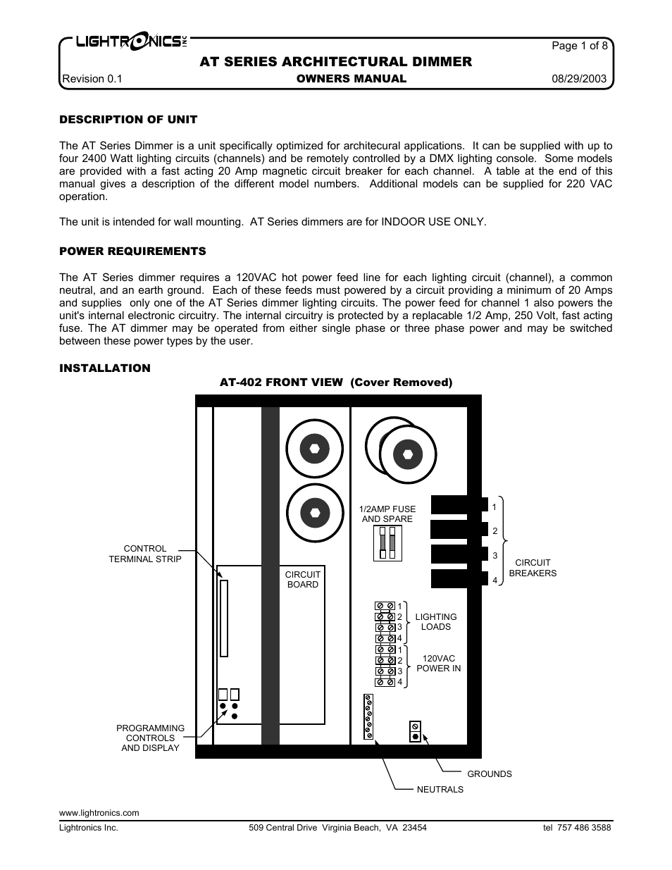 Lightronics AT402 User Manual | 8 pages