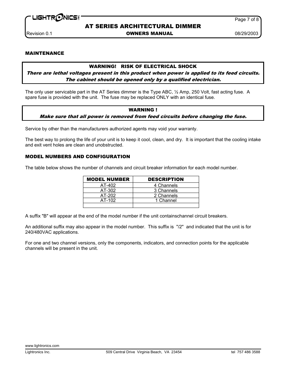 At series architectural dimmer | Lightronics AT402 User Manual | Page 7 / 8