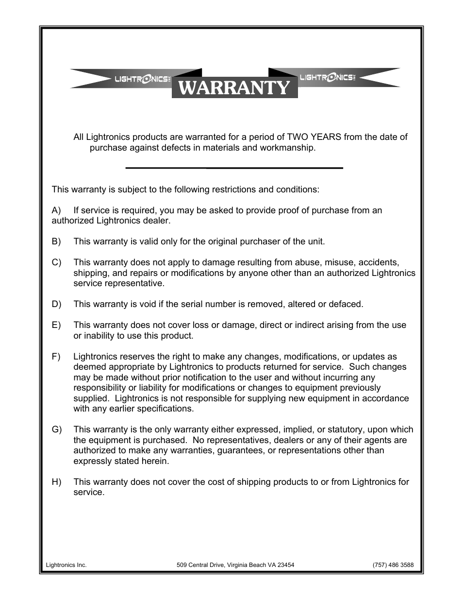 Warranty | Lightronics AT402 User Manual | Page 8 / 8