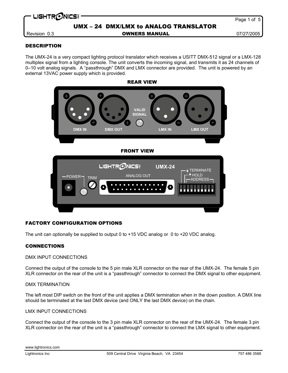 Lightronics UMX24 DMX-512 or LMX-128 to Analog User Manual | 6 pages