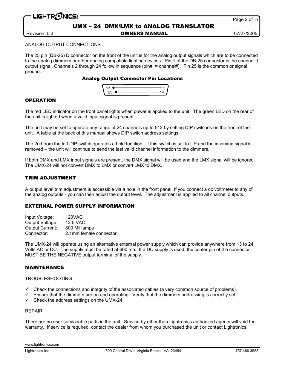 Umx – 24 dmx/lmx to analog translator | Lightronics UMX24 DMX-512 or LMX-128 to Analog User Manual | Page 2 / 6