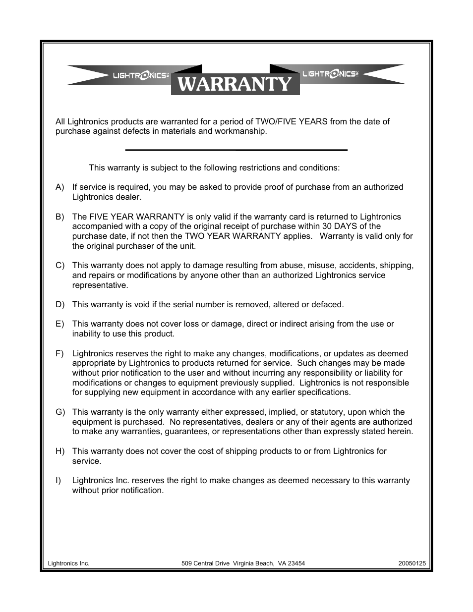 Warranty | Lightronics UMX24 DMX-512 or LMX-128 to Analog User Manual | Page 5 / 6