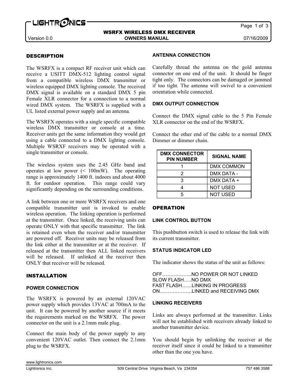 Lightronics WSRXF User Manual | 4 pages