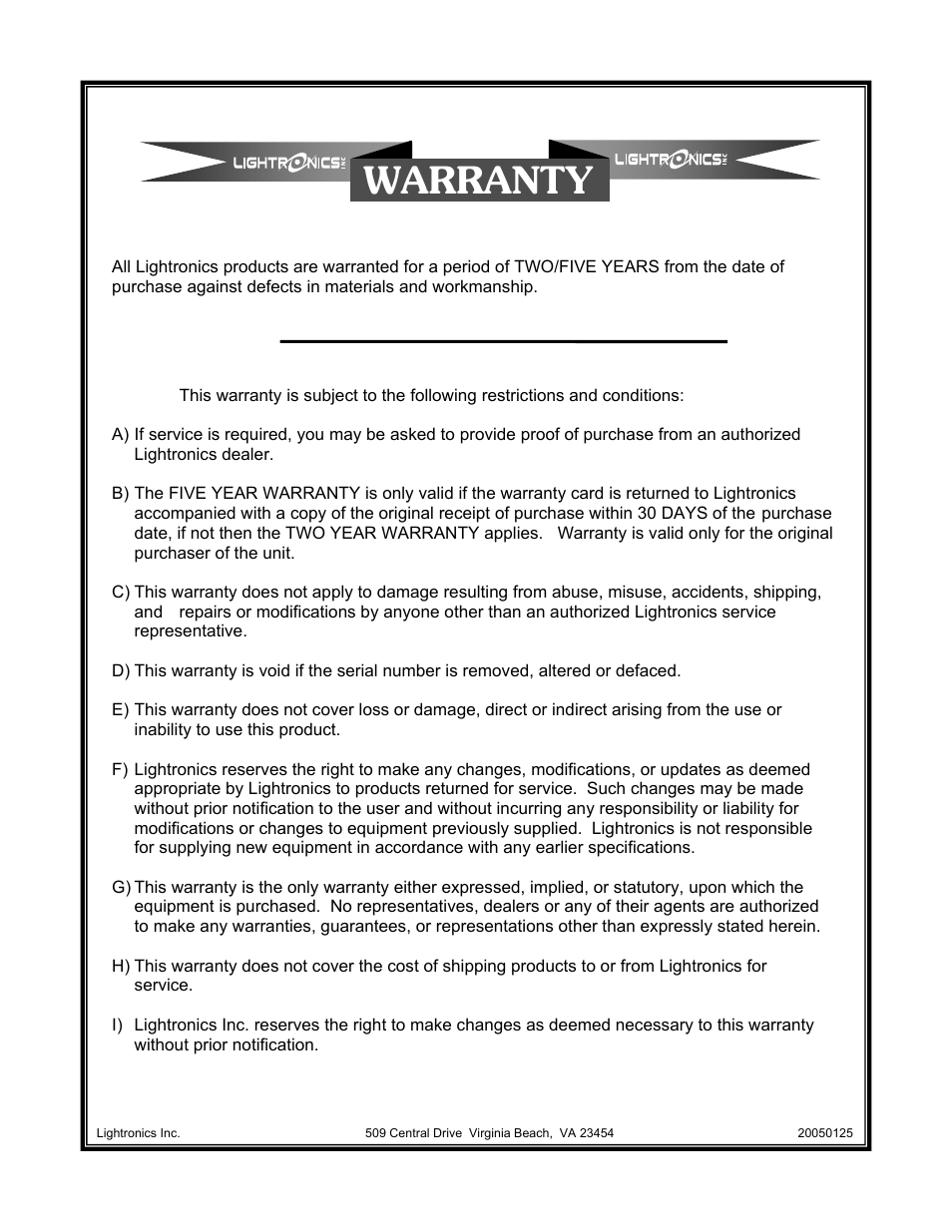 Warranty | Lightronics WSRXF User Manual | Page 3 / 4