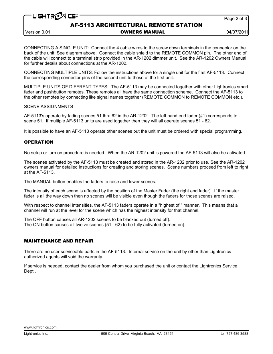 Af-5113 architectural remote station | Lightronics AF5113 User Manual | Page 2 / 4