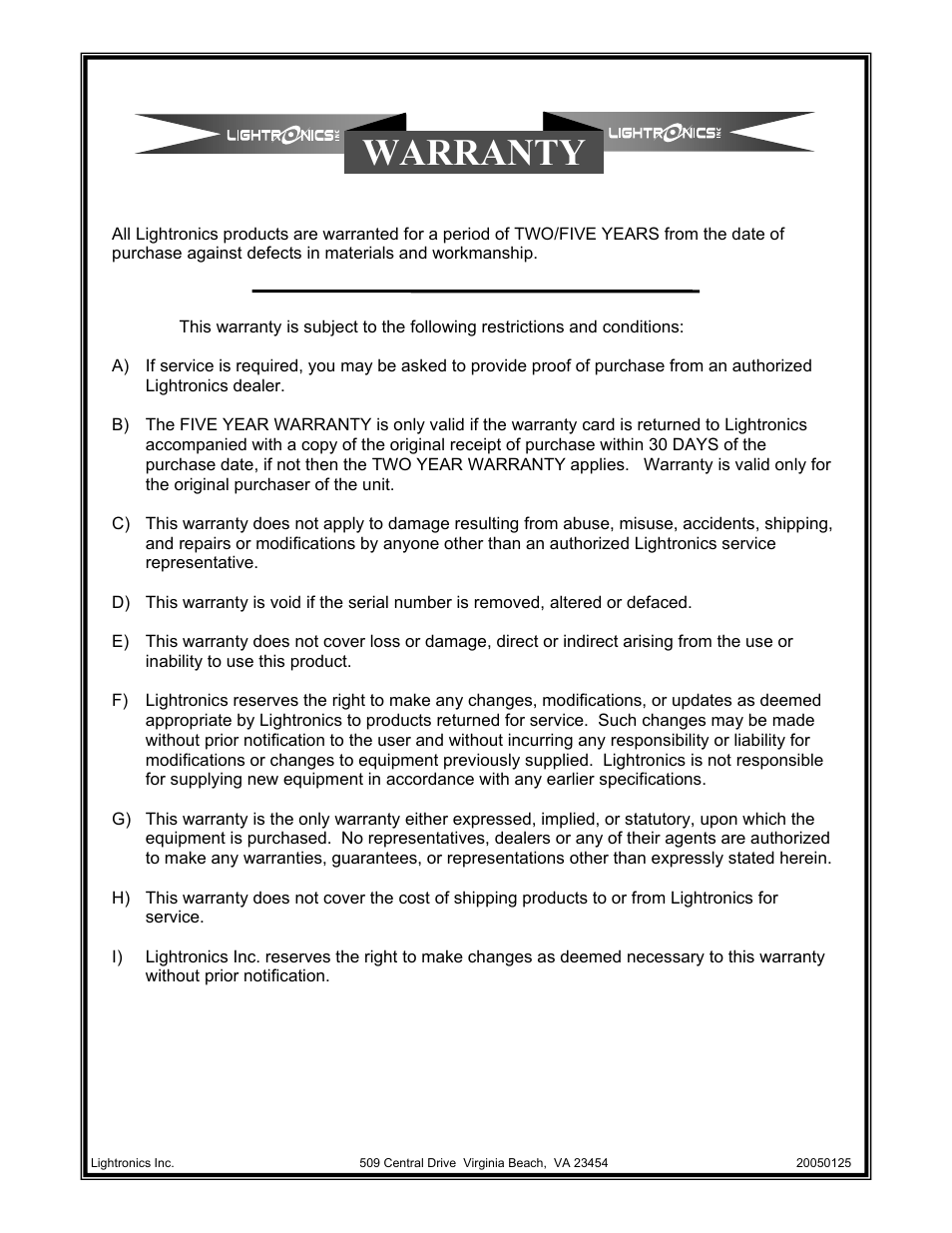 Warranty | Lightronics AF5113 User Manual | Page 3 / 4