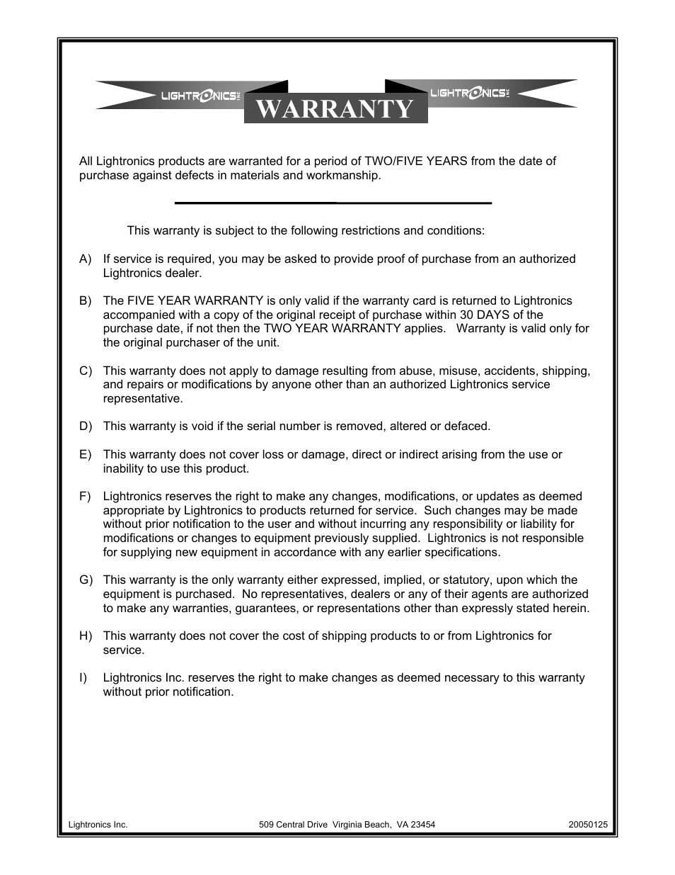 Warranty | Lightronics AF3107 User Manual | Page 4 / 4
