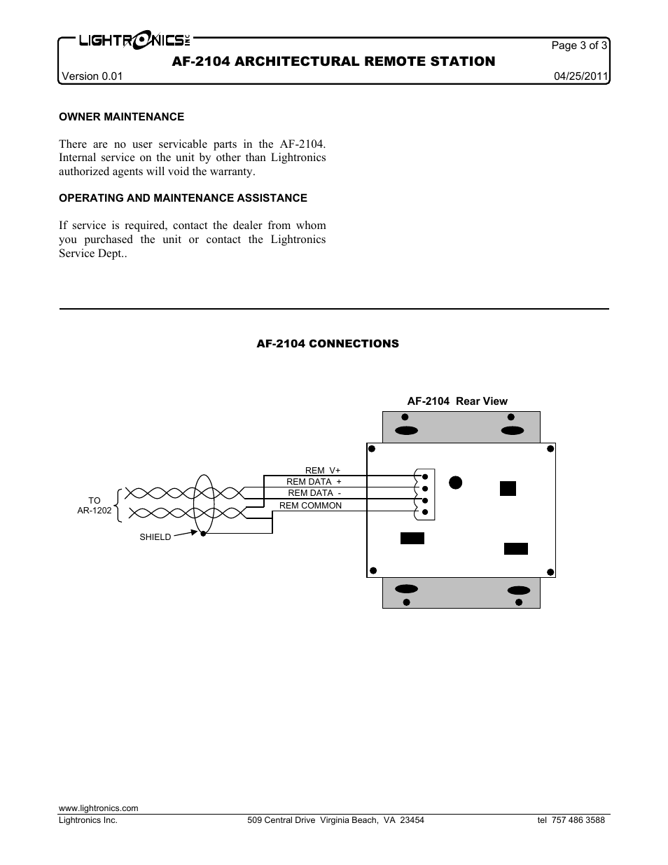Af-2104 architectural remote station | Lightronics AF2104 User Manual | Page 3 / 4