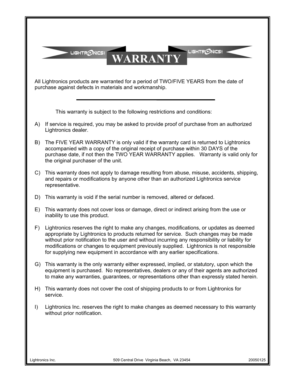 Warranty | Lightronics AF2104 User Manual | Page 4 / 4