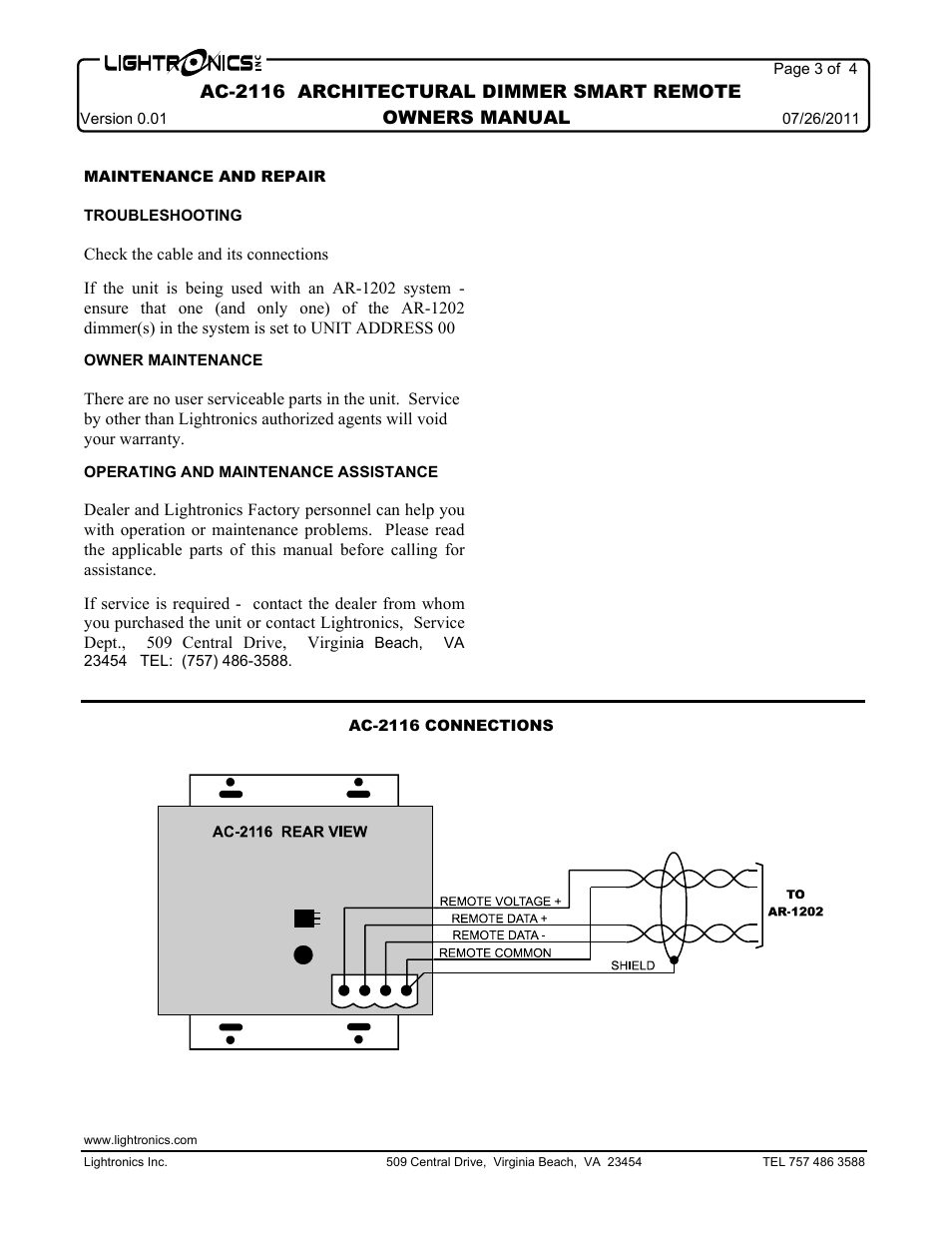 Ac-2116 architectural dimmer smart remote, Owners manual | Lightronics AC2116 User Manual | Page 3 / 4