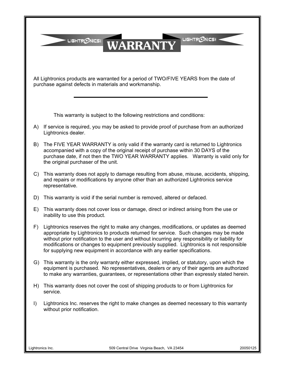 Warranty | Lightronics AC2116 User Manual | Page 4 / 4