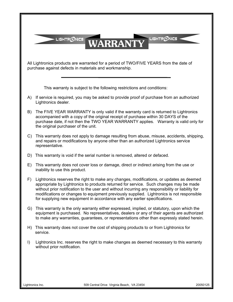 Warranty | Lightronics AC1109 User Manual | Page 4 / 4