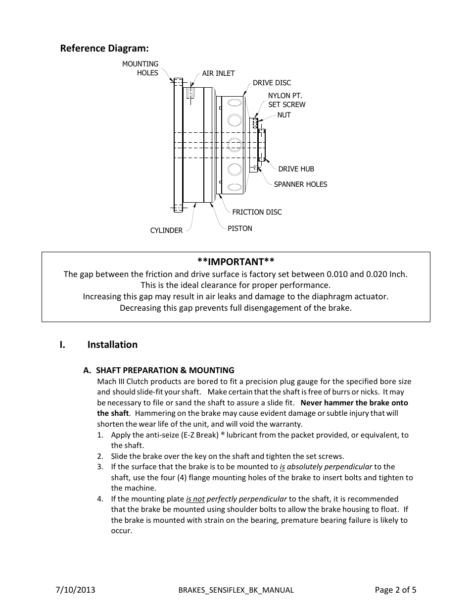 Reference diagram, I. installation, Important | Mach III Clutch 98BK & 98BK-ULOW User Manual | Page 2 / 5