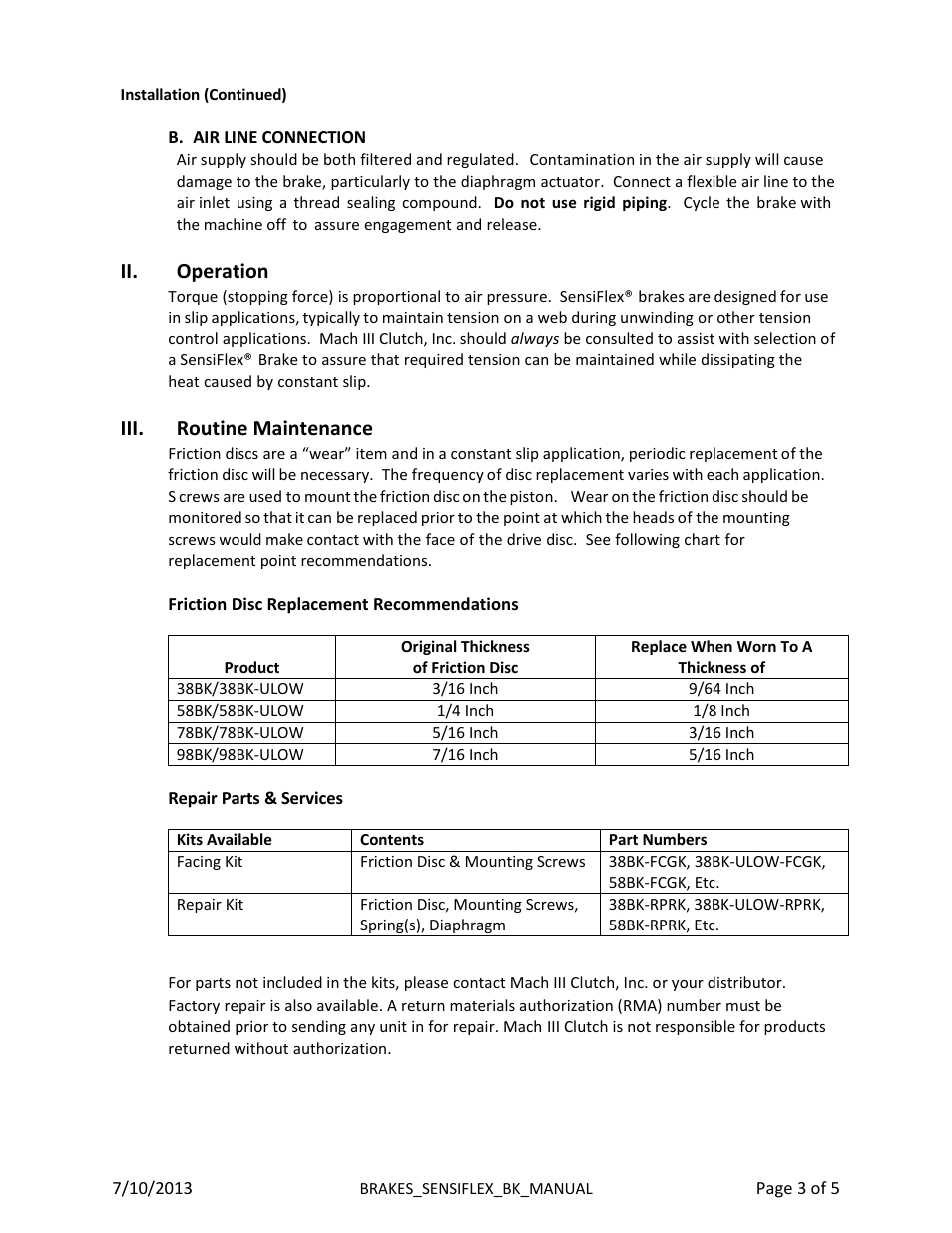 Ii. operation, Iii. routine maintenance | Mach III Clutch 98BK & 98BK-ULOW User Manual | Page 3 / 5
