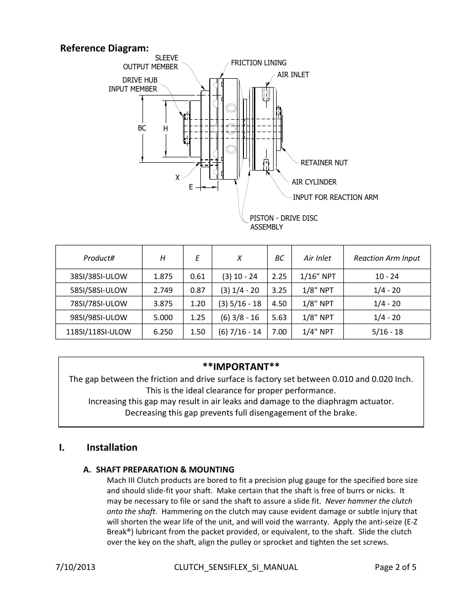 Reference diagram, I. installation, Important | Mach III Clutch 118SI & 118SI-ULOW User Manual | Page 2 / 5