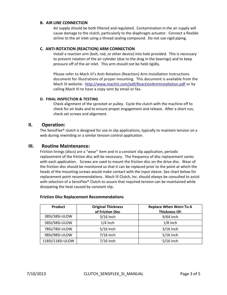 Ii. operation, Iii. routine maintenance | Mach III Clutch 118SI & 118SI-ULOW User Manual | Page 3 / 5