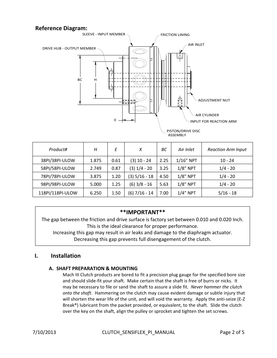 Important, Reference diagram, I. installation | Mach III Clutch 118PI & 118PI-ULOW User Manual | Page 2 / 5