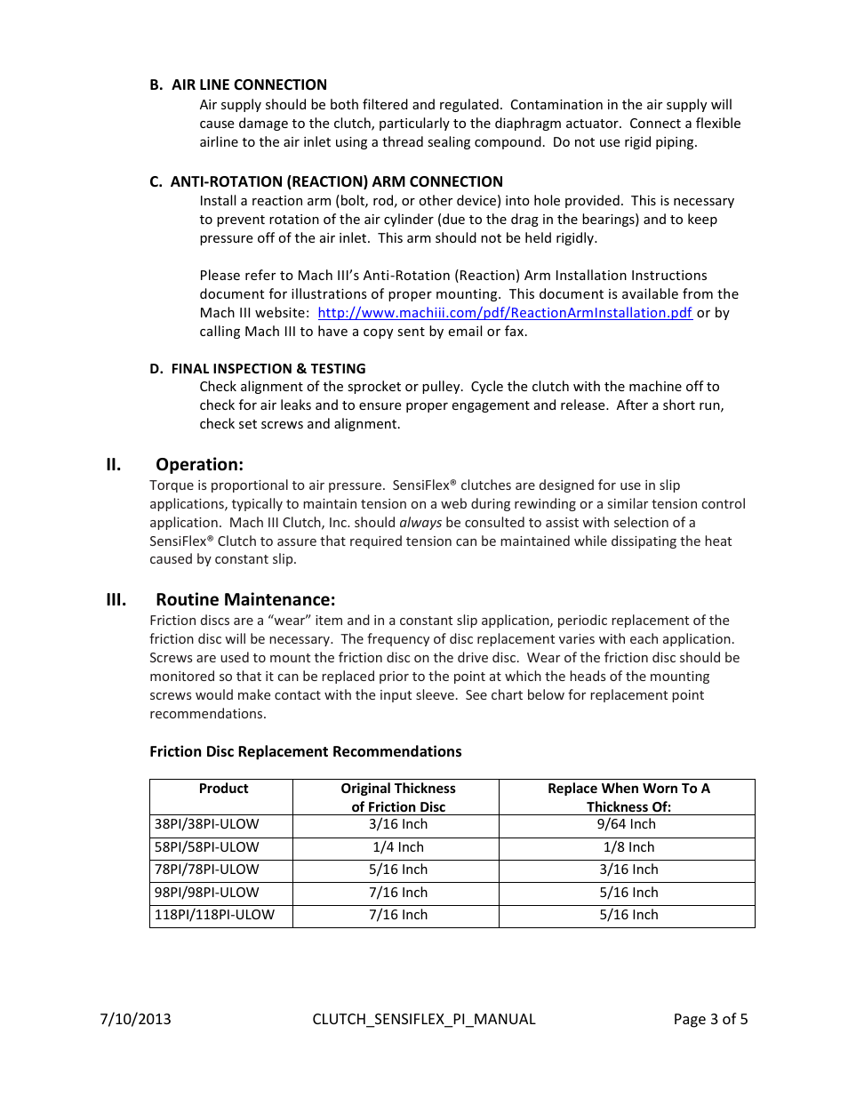 Ii. operation, Iii. routine maintenance | Mach III Clutch 118PI & 118PI-ULOW User Manual | Page 3 / 5