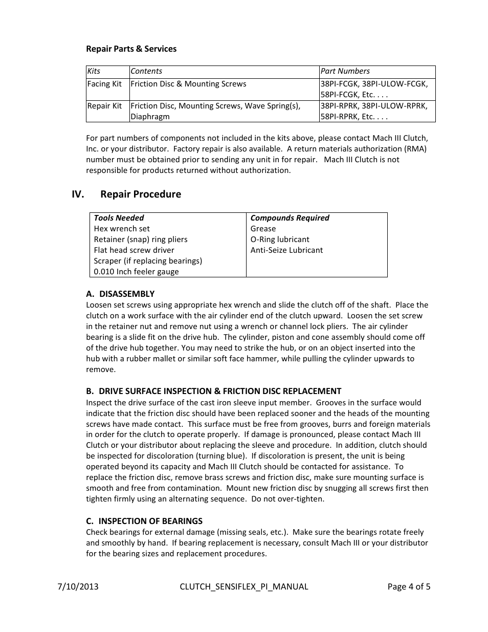 Iv. repair procedure | Mach III Clutch 118PI & 118PI-ULOW User Manual | Page 4 / 5