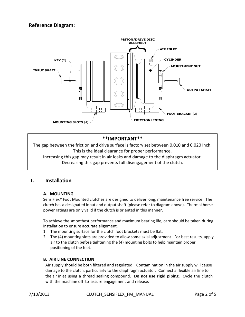 Reference diagram, I. installation, Important | Mach III Clutch 118FM & 118FM-ULOW User Manual | Page 2 / 5