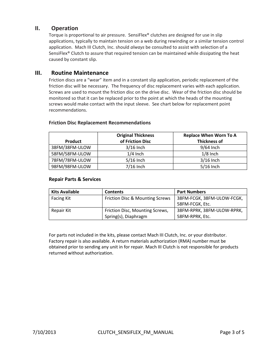Ii. operation, Iii. routine maintenance | Mach III Clutch 118FM & 118FM-ULOW User Manual | Page 3 / 5