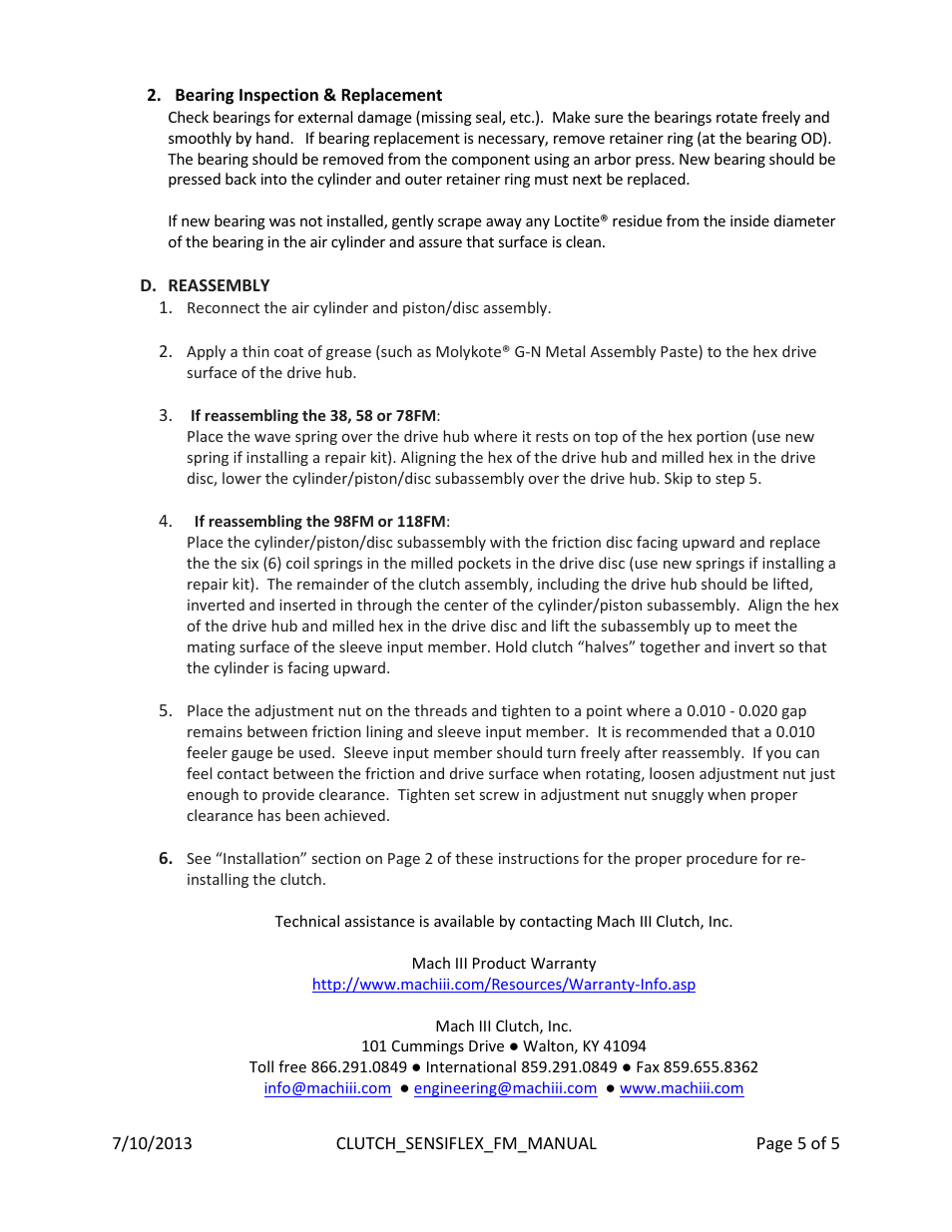 Mach III Clutch 118FM & 118FM-ULOW User Manual | Page 5 / 5