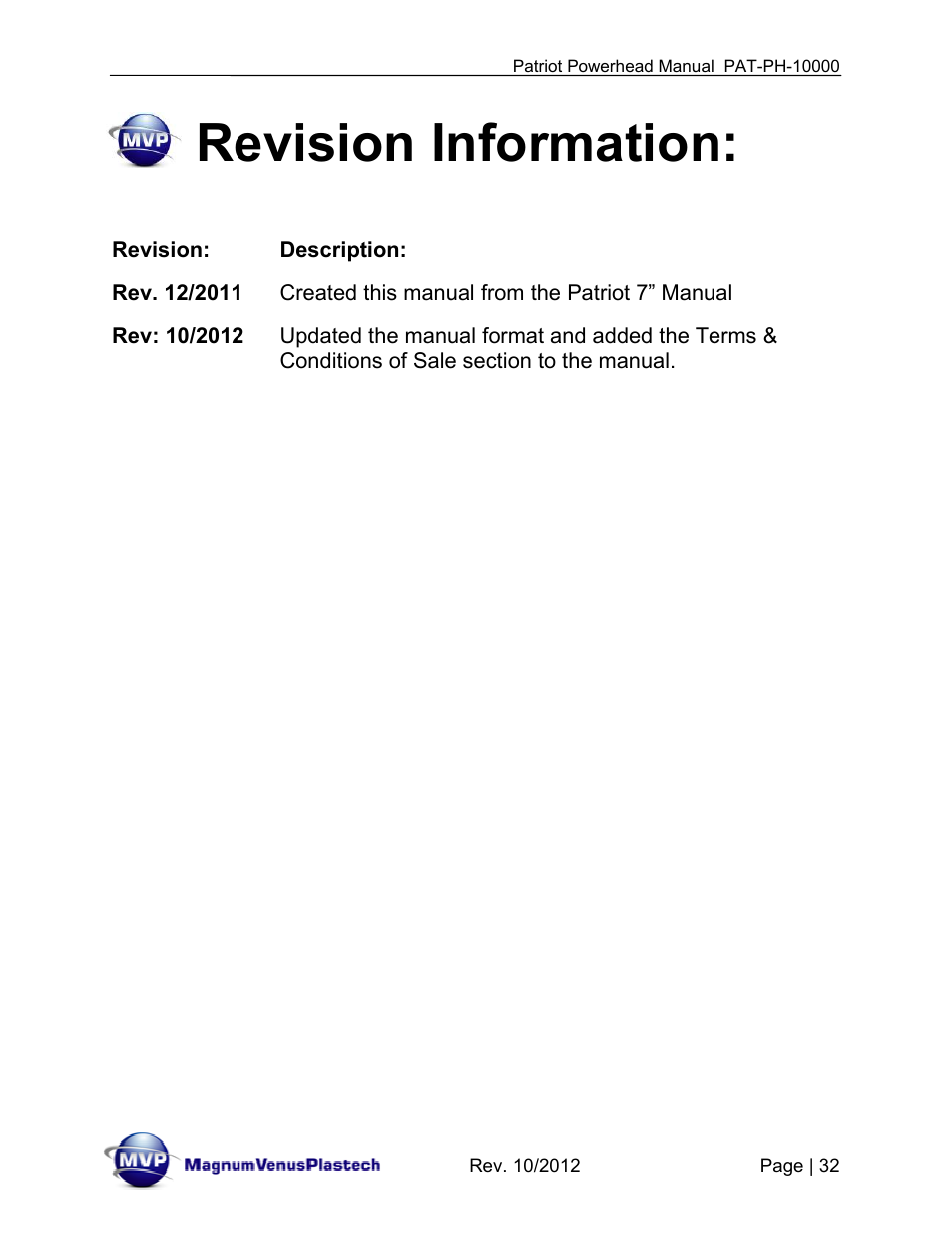 Revision information | Magnum Venus Plastech PATRIOT 10 PAT-PH-10000 User Manual | Page 32 / 34