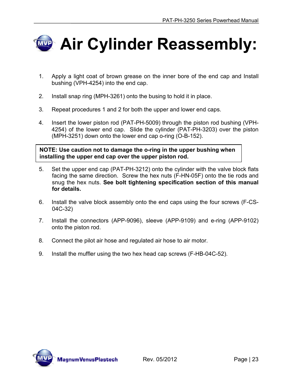 Air cylinder reassembly | Magnum Venus Plastech PATRIOT 3-1_4 PAT-PH-3250 Series User Manual | Page 23 / 36