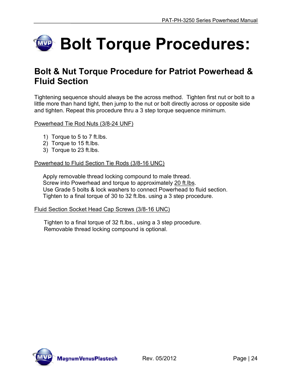 Bolt torque procedures | Magnum Venus Plastech PATRIOT 3-1_4 PAT-PH-3250 Series User Manual | Page 24 / 36