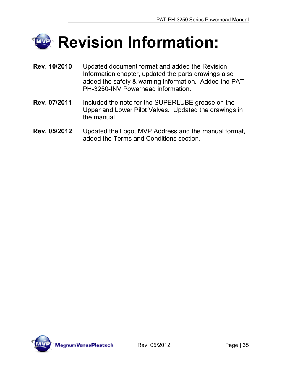 Revision information | Magnum Venus Plastech PATRIOT 3-1_4 PAT-PH-3250 Series User Manual | Page 35 / 36