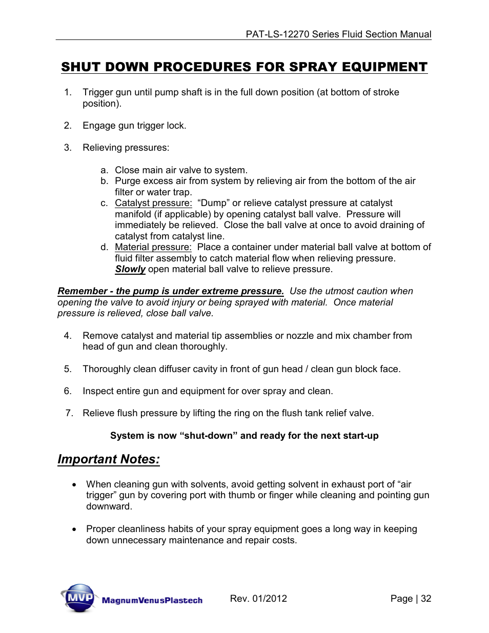 Shut down procedures for spray equipment | Magnum Venus Plastech PATRIOT 1-1_4 PAT-LS-12270 User Manual | Page 32 / 66