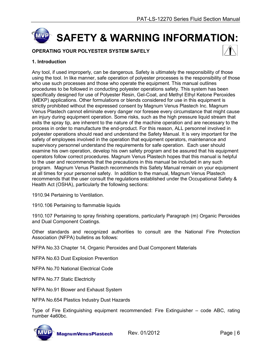 Safety & warning information | Magnum Venus Plastech PATRIOT 1-1_4 PAT-LS-12270 User Manual | Page 6 / 66