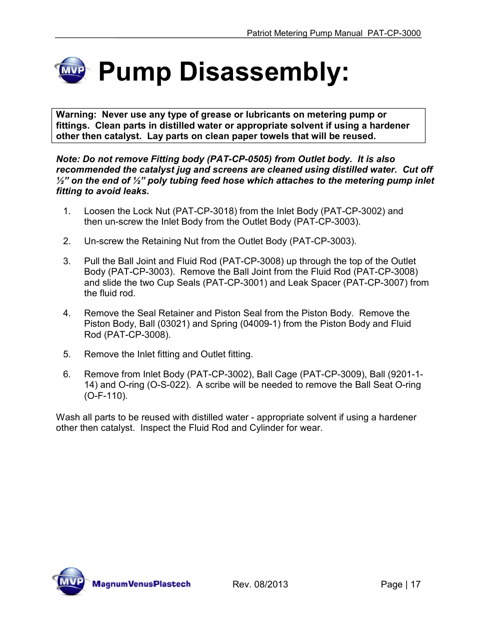 Pump disassembly | Magnum Venus Plastech PATRIOT PAT-CP-3000-ADH User Manual | Page 17 / 28