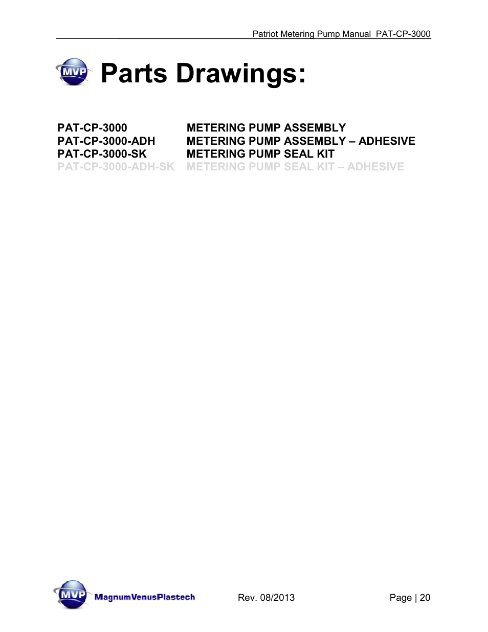 Parts drawings | Magnum Venus Plastech PATRIOT PAT-CP-3000-ADH User Manual | Page 20 / 28