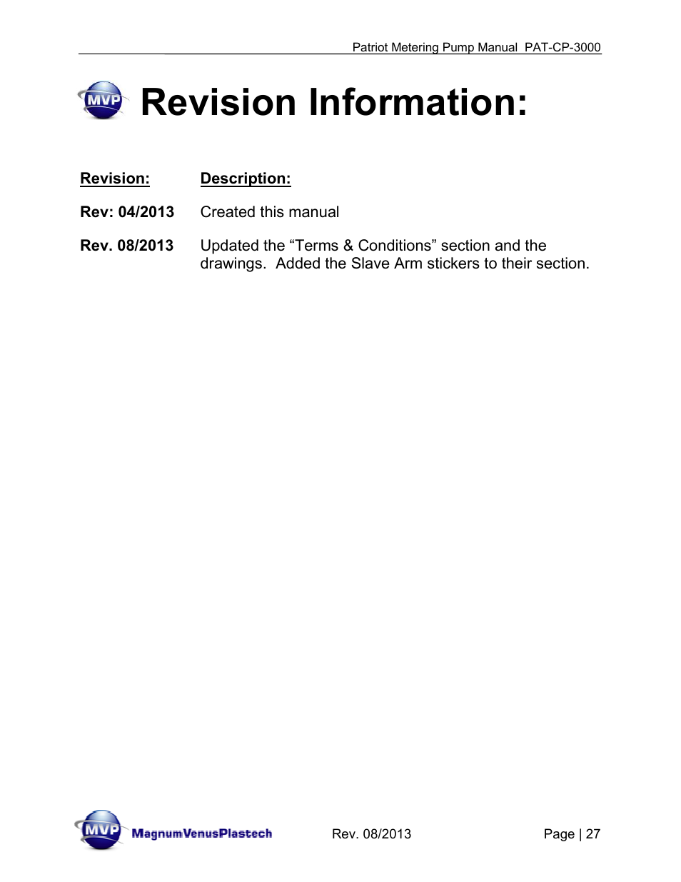 Revision information | Magnum Venus Plastech PATRIOT PAT-CP-3000-ADH User Manual | Page 27 / 28