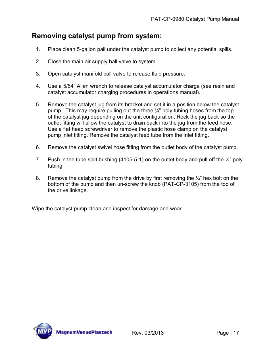 Removing catalyst pump from system | Magnum Venus Plastech PATRIOT PAT-CP-0980-S User Manual | Page 17 / 29