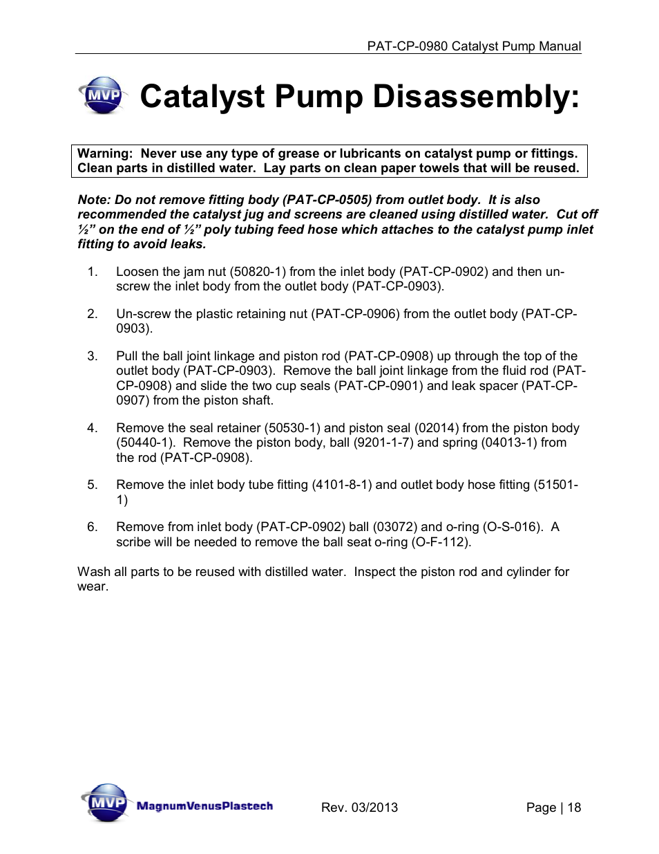 Catalyst pump disassembly | Magnum Venus Plastech PATRIOT PAT-CP-0980-S User Manual | Page 18 / 29