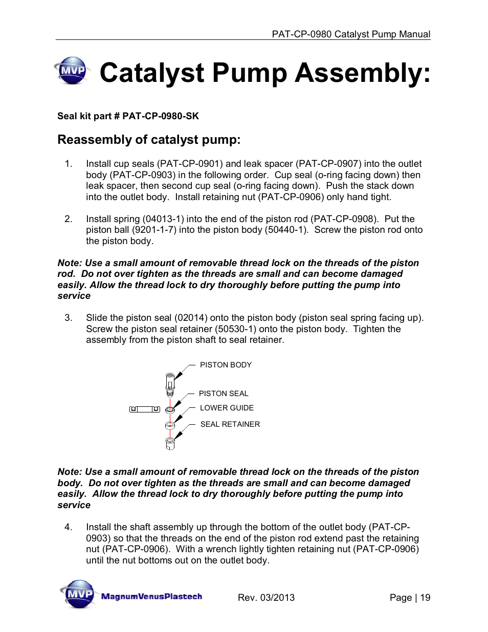 Catalyst pump assembly, Reassembly of catalyst pump | Magnum Venus Plastech PATRIOT PAT-CP-0980-S User Manual | Page 19 / 29