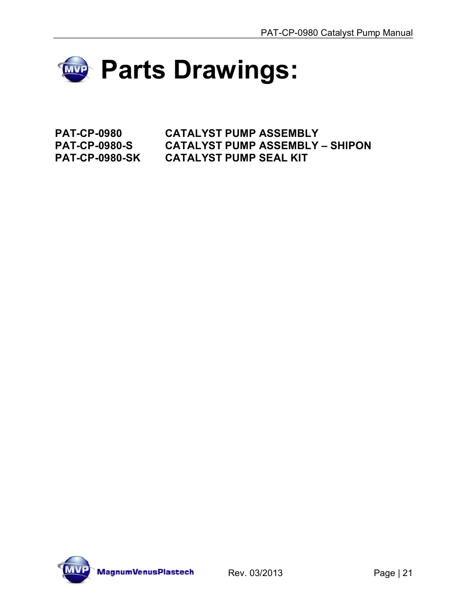 Parts drawings | Magnum Venus Plastech PATRIOT PAT-CP-0980-S User Manual | Page 21 / 29