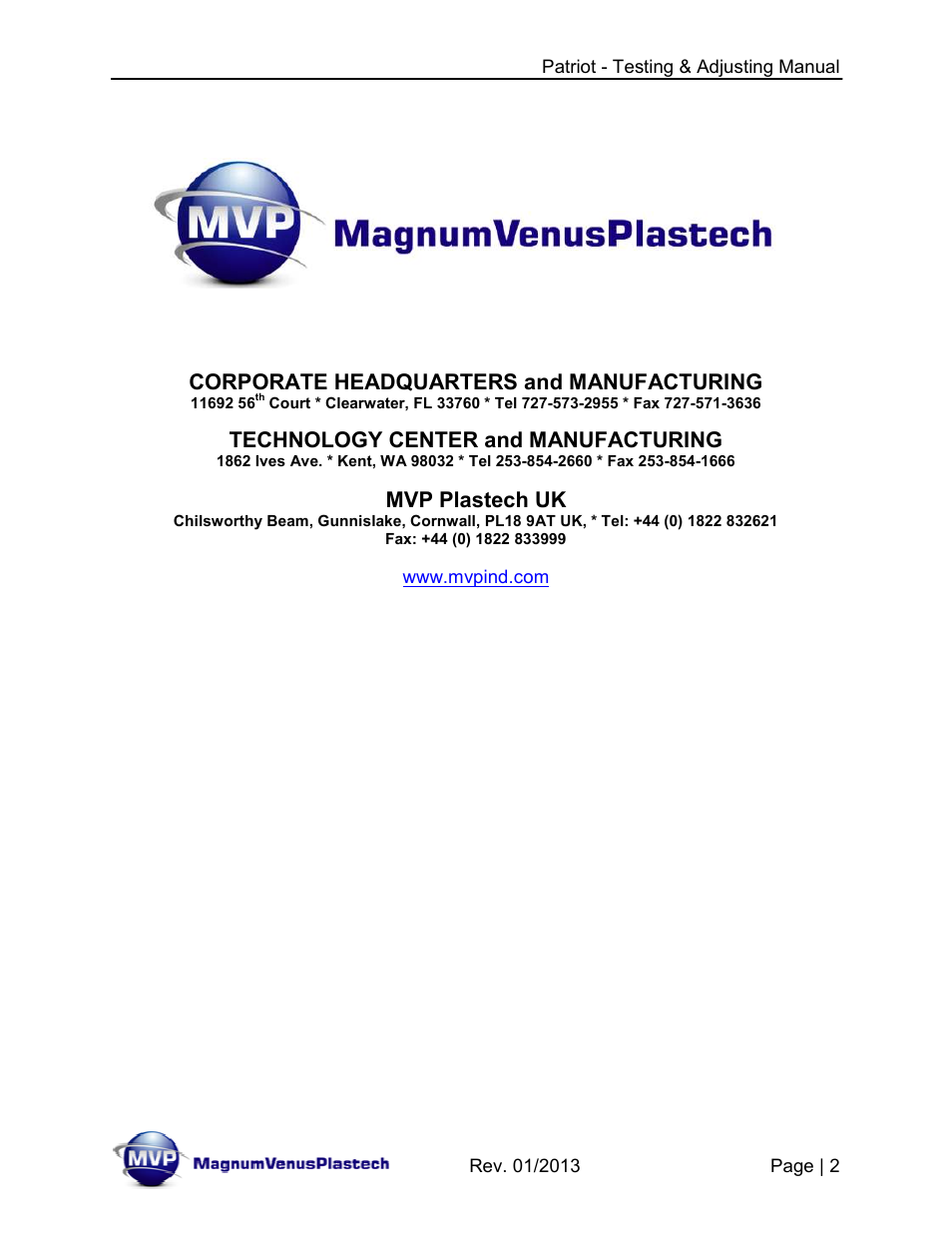 Corporate headquarters and manufacturing, Technology center and manufacturing, Mvp plastech uk | Magnum Venus Plastech PATRIOT TESTING & ADJUSTING User Manual | Page 2 / 55