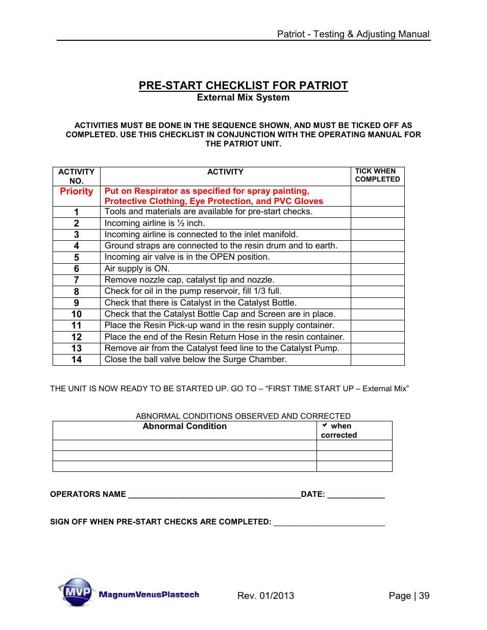 Pre-start checklist for patriot | Magnum Venus Plastech PATRIOT TESTING & ADJUSTING User Manual | Page 39 / 55
