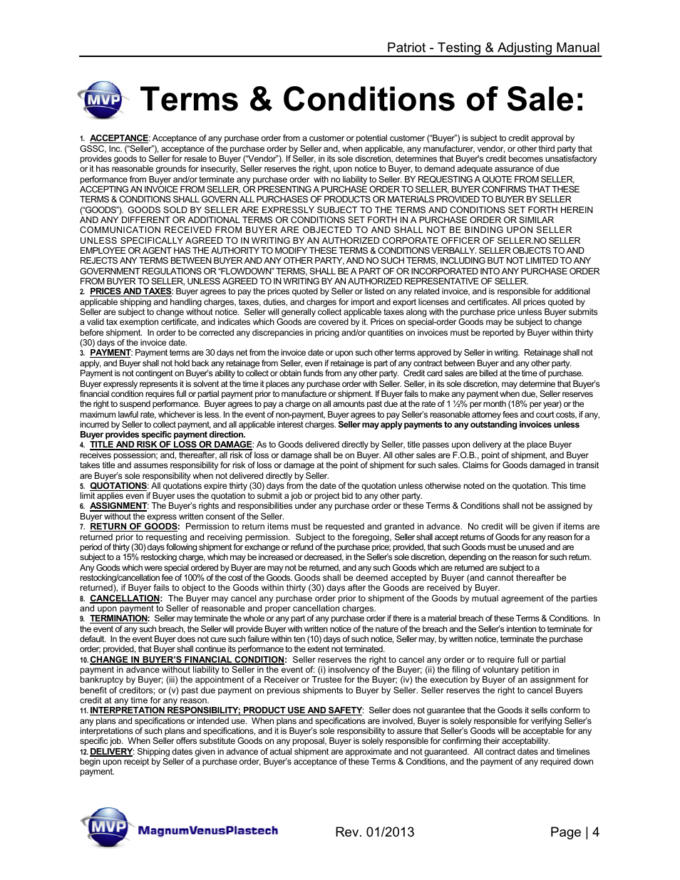 Terms & conditions of sale | Magnum Venus Plastech PATRIOT TESTING & ADJUSTING User Manual | Page 4 / 55