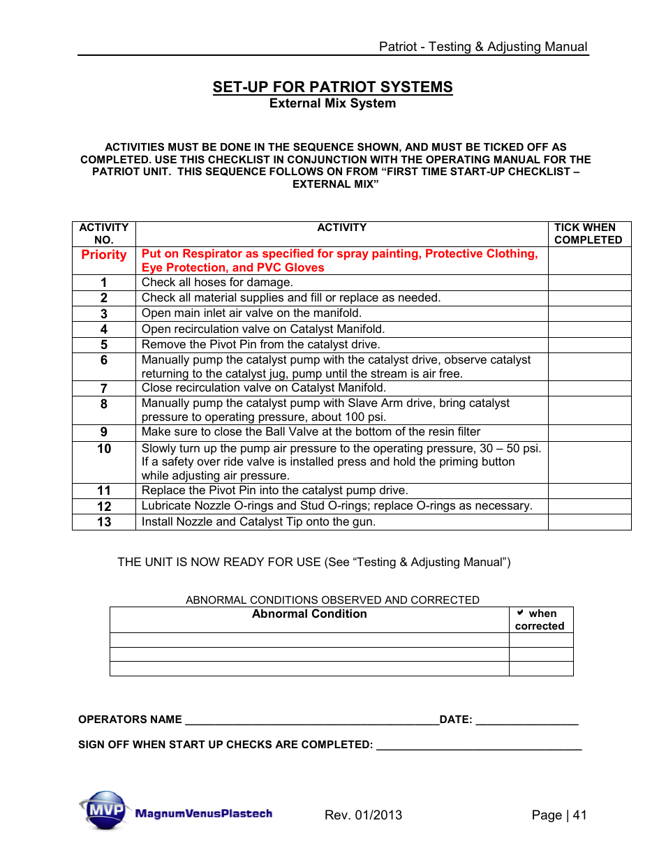 Set-up for patriot systems | Magnum Venus Plastech PATRIOT TESTING & ADJUSTING User Manual | Page 41 / 55