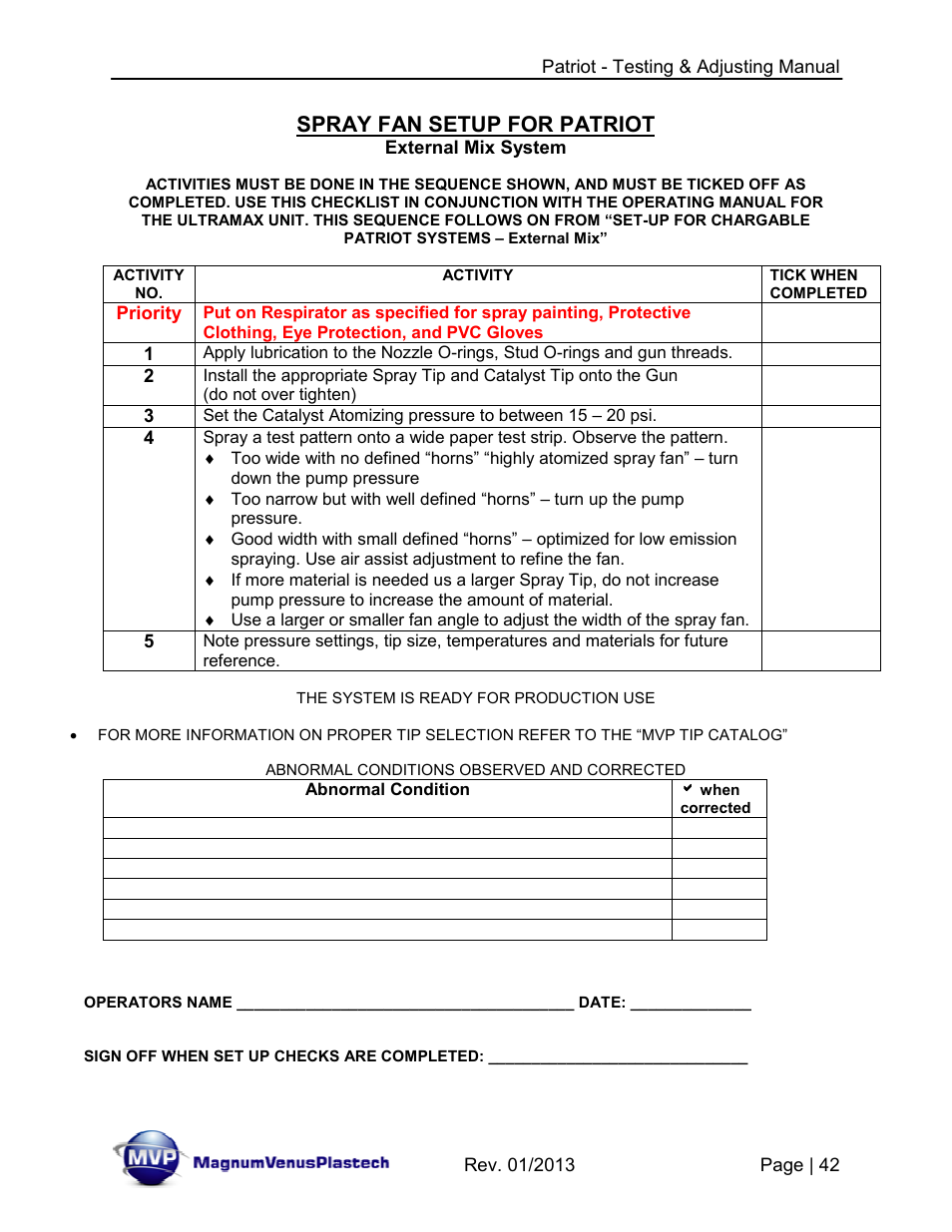 Spray fan setup for patriot | Magnum Venus Plastech PATRIOT TESTING & ADJUSTING User Manual | Page 42 / 55