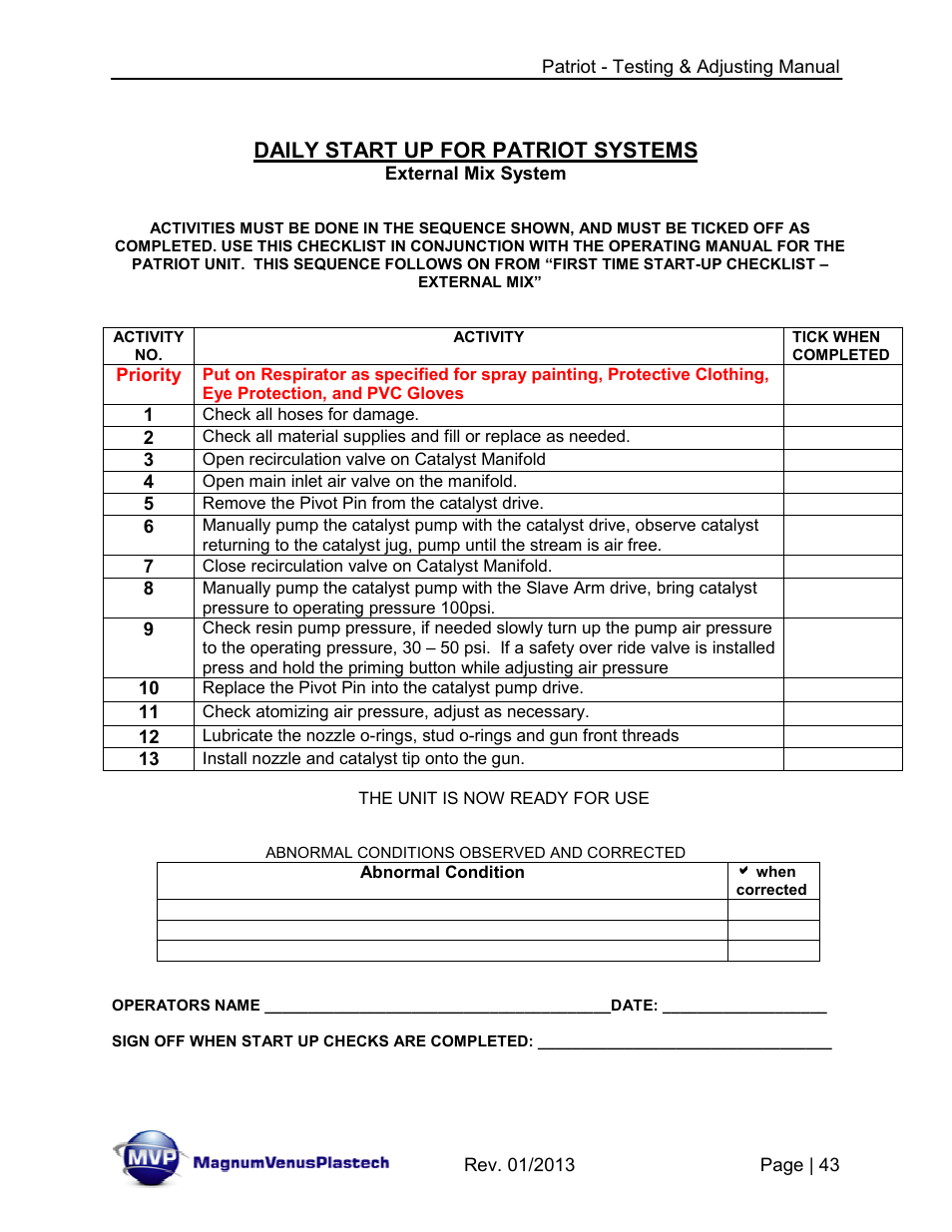 Daily start up for patriot systems | Magnum Venus Plastech PATRIOT TESTING & ADJUSTING User Manual | Page 43 / 55