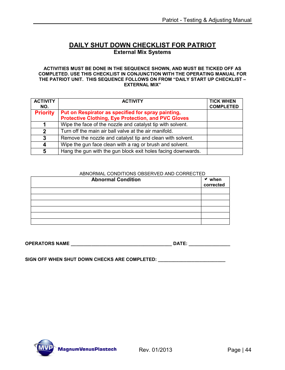 Daily shut down checklist for patriot | Magnum Venus Plastech PATRIOT TESTING & ADJUSTING User Manual | Page 44 / 55