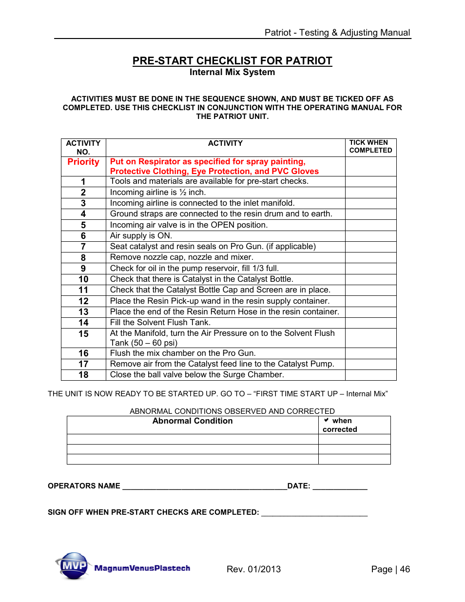 Pre-start checklist for patriot | Magnum Venus Plastech PATRIOT TESTING & ADJUSTING User Manual | Page 46 / 55